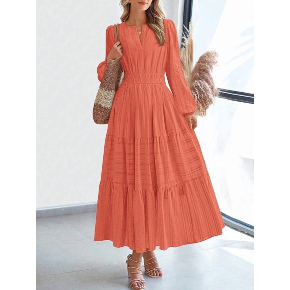 Women Orange Long Sleeve High Waist Tiered Flowy A-Line Boho Maxi Dress