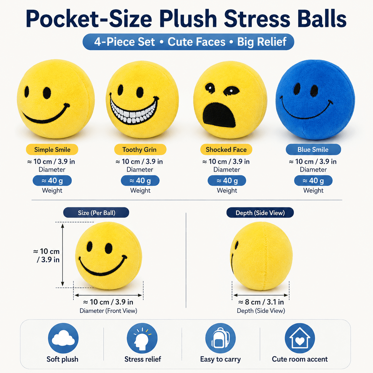 Verity Plush Stress Ball Set, 4-Pack Creepy Emoticon Squeezies | 10cm Soft Sponge-Filled Pocket Fidget, Horror Story Desk Shelf Decor, Compact Teen Adult Collector Gift
