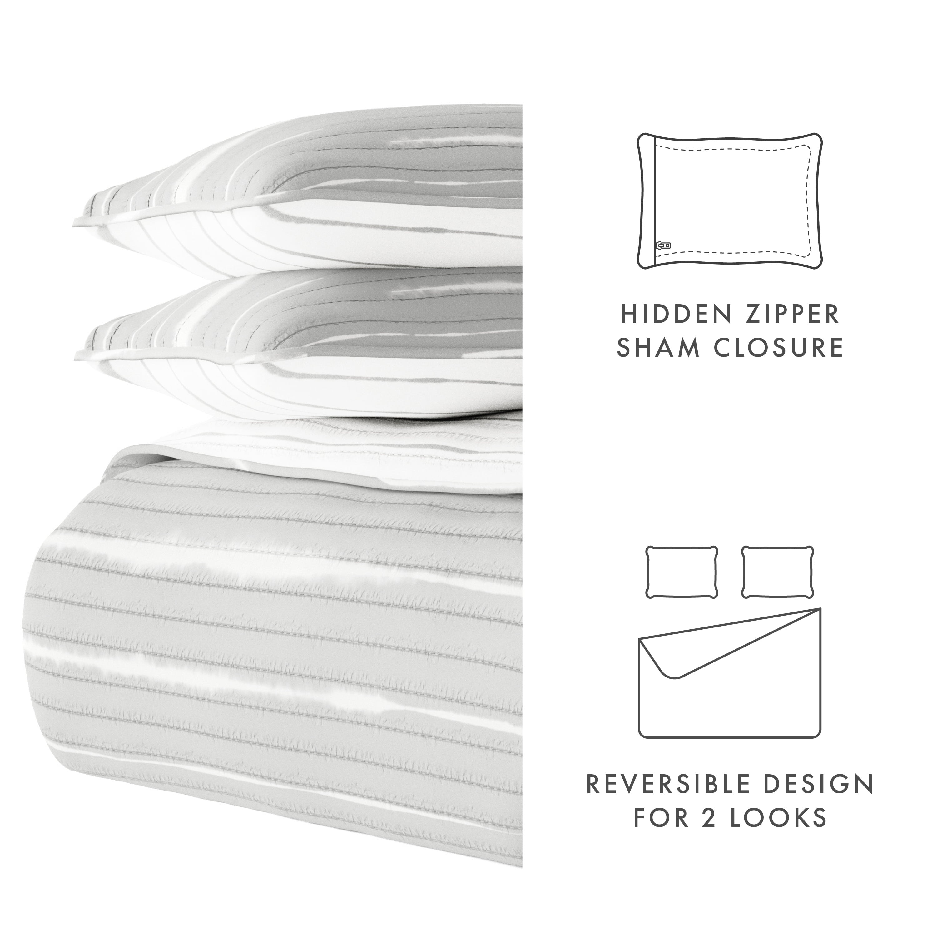 Noble Linens Light Gray 3 Piece Horizon Lines Reversible Microfiber Quilt Set, Queen / Full