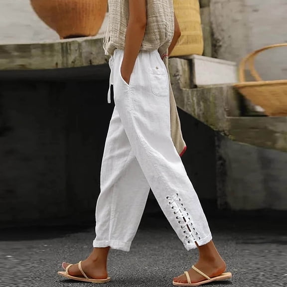 Women Fashion 2026 Casual Lightweight Drawstring Elastic Waist Pants With Pockets White M