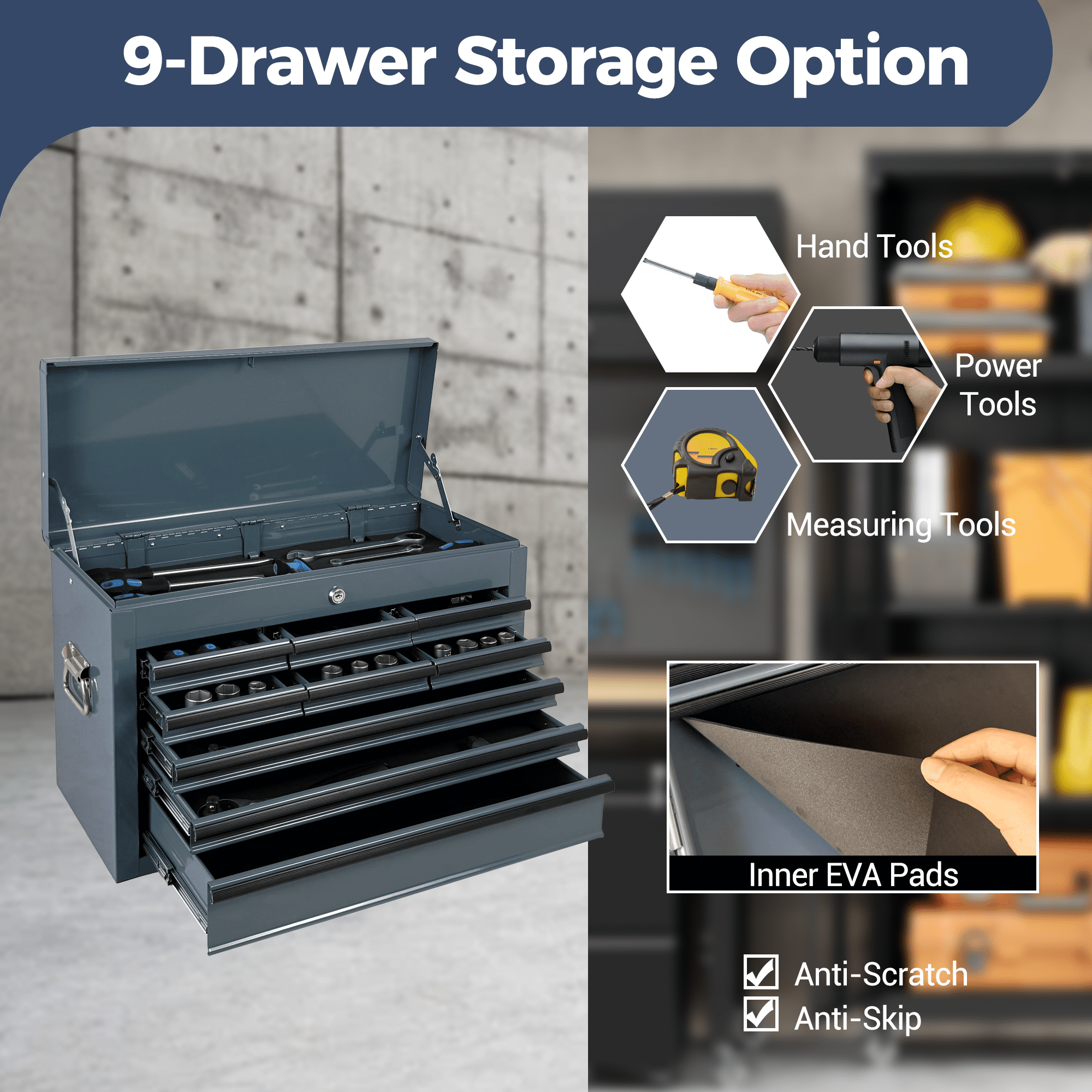 Heavy Duty Metal Tool Box,24 Inch Portable Tool Chest with 9 Drawers, Ball Bearing Slide Drawers with Auto-Locking System, Lockable Top Box Tool Organizer for Garage, Workshop, Truck,Grey