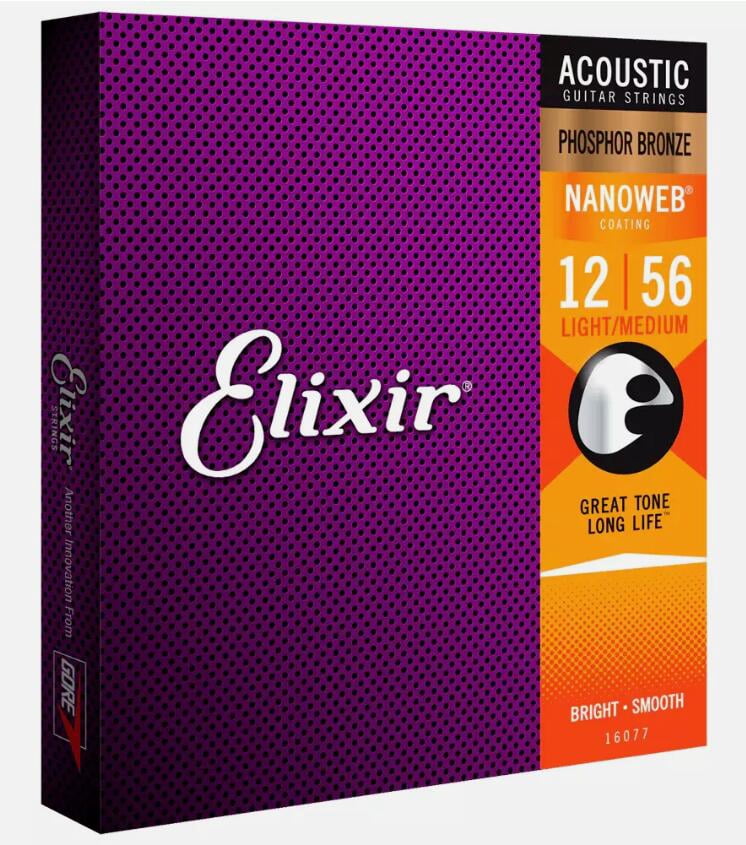 6 Sets! Elixir NANOWEB Phosphor Bronze Acoustic — 16077 Light/Medium .012-.056