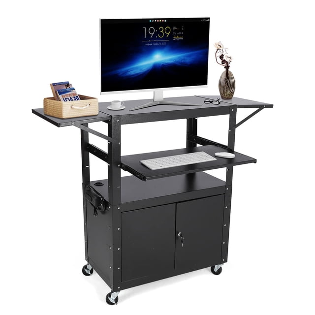 Ourlova Chariot AV Roulant avec Armoire Verrouillable Support pour Ordinateur Portable et Abattants Hauteur Réglable Chariot Utilitaire Mobile Poste de Travail avec Espace de Rangement Supplémentaire Barre d'Alimentation