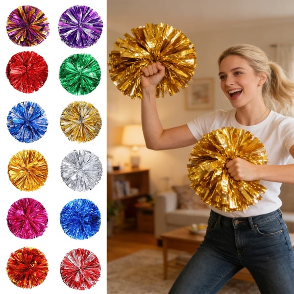 Dserhfy 2 Pcs Cheerleader Pom Poms Metallic Holographic Cheer Pom Poms with Handle Ring for Sports Team Spirit Party Squad Dance Training