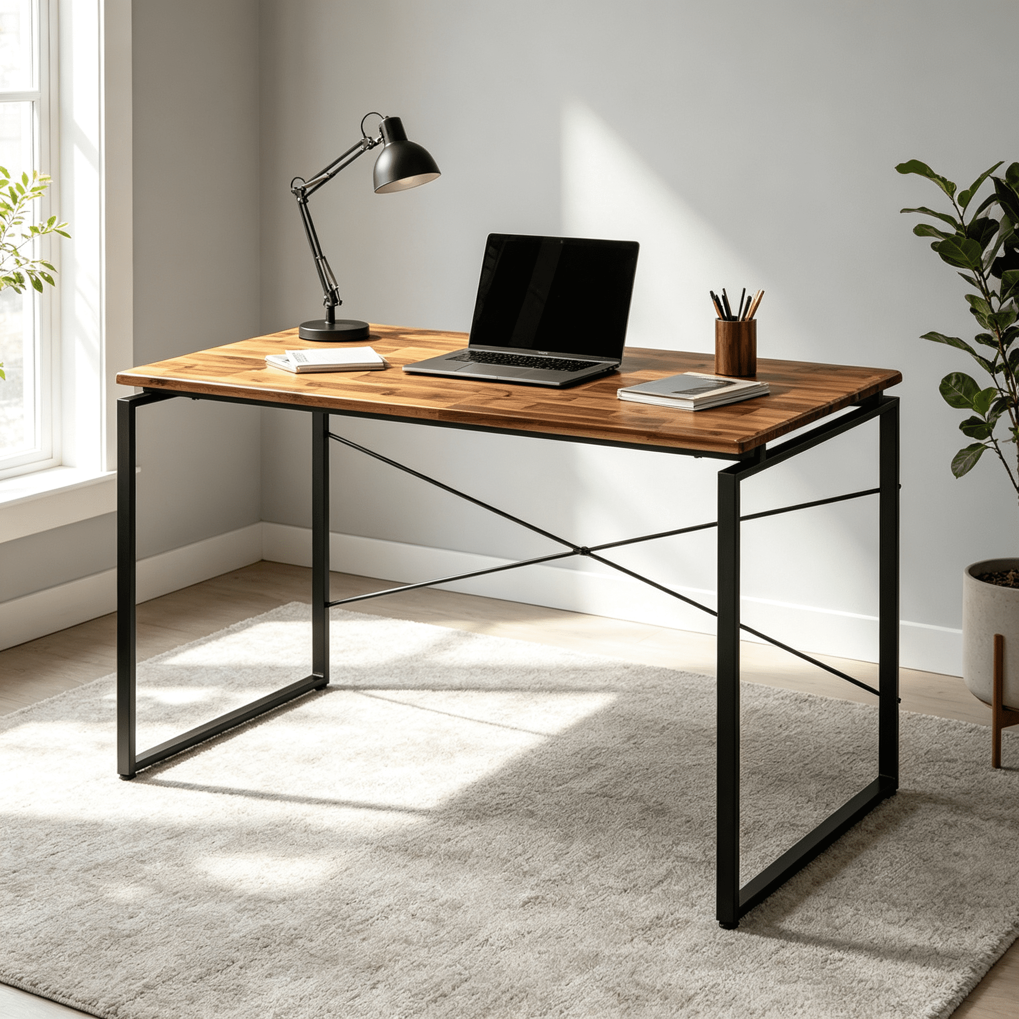 Astoutdoor Metal Frame Writing Desk, Oak and Black Finish, Home Office Laptop Table