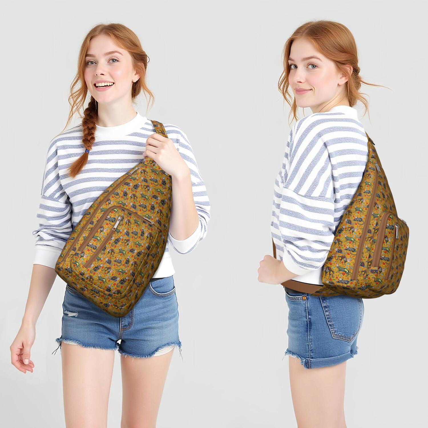 Pet Lover's Vintage Cat Sling Bag - Floral Cat Design Shoulder Backpack (Organized Multi-Pocket, Stylish & Functional)