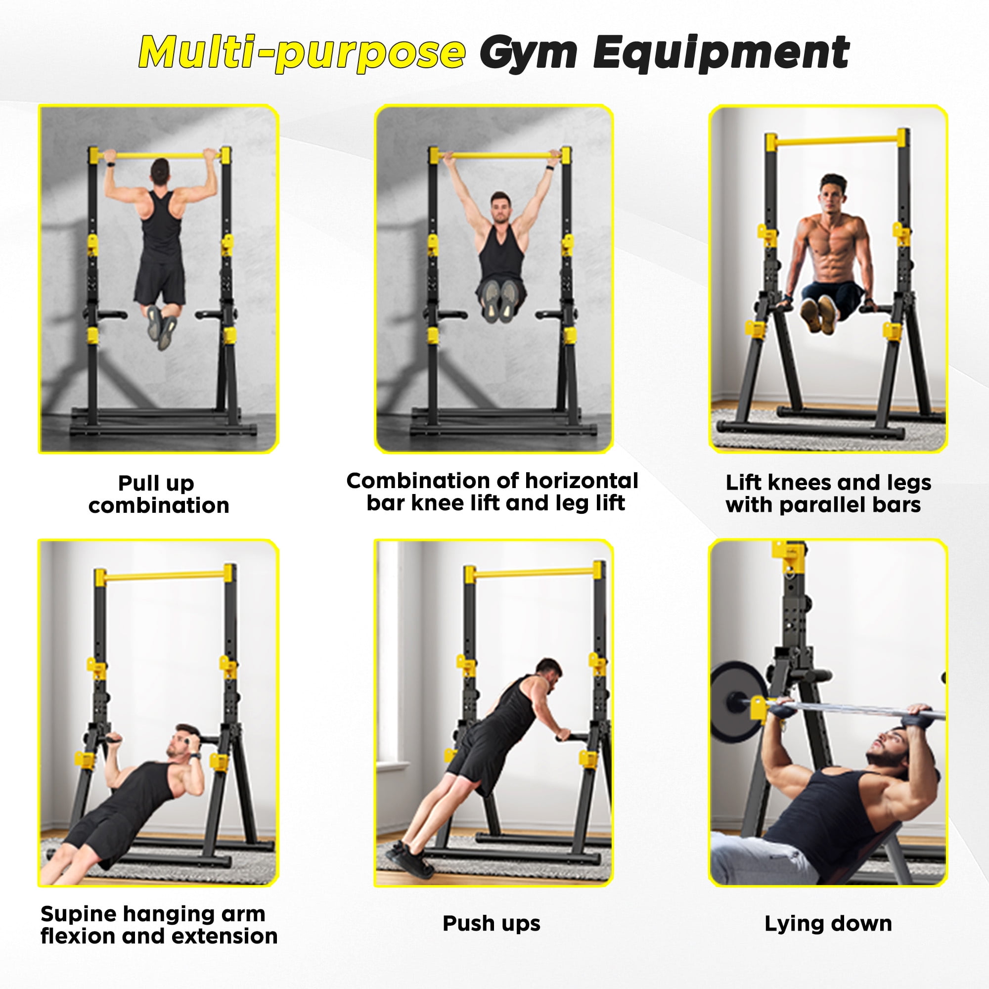 Multifunction Foldable Triangular Structure Pull Up Station , Free Standing Power Tower Pull Up Bar Dip Station Adjustable Height Strength Training Workout Equipment, Support 500lbs, Black + Yellow
