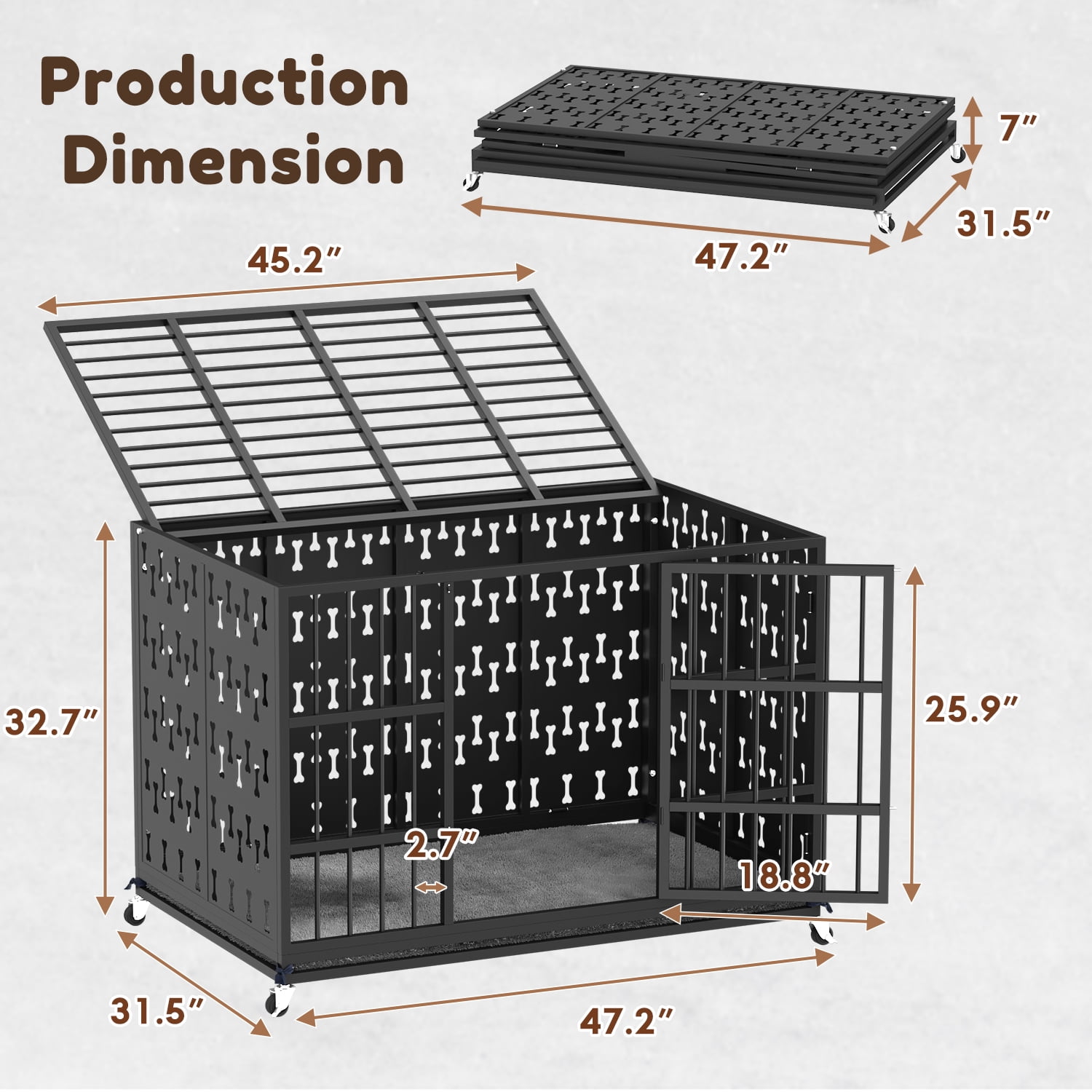 BOSSIN 48 Inch Steel Cushion Dog Crate Heavy Duty Chew Proof Kennel for Large Dogs, XL Metal Cage with Locking Wheels