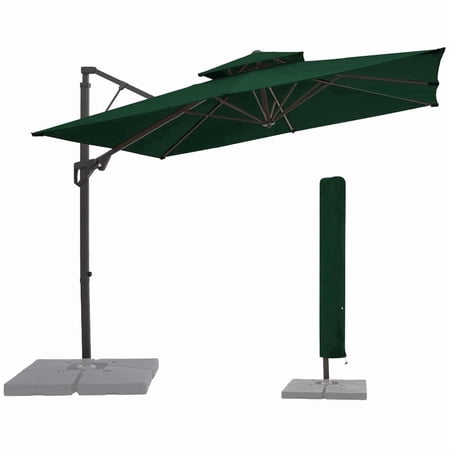 NAPWANT 10 ft Cantilever Patio Umbrella Outdoor Offset Square Umbrella 2-Tier Vented Canopy 360°Rotation with Tilt Dark Green