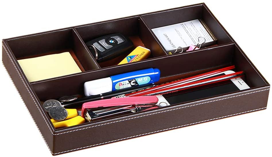 Drawer Organizer Mens Nightstand Valet Trays Pu Leather Desk Supply 4 Compartments Desktop Storage Box For Office Stationery Business Card Keys Watches Coins Jewelry Phone Brown Com Drawer Organizer Mens Nightstand Valet, Decorative Desk Drawer Organizer