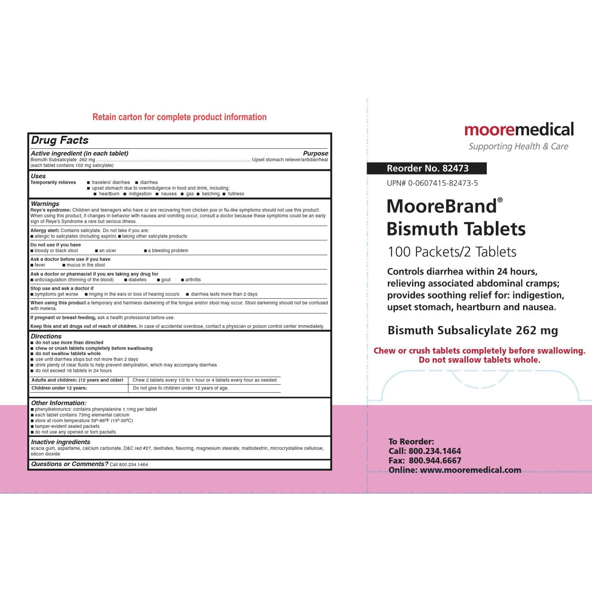 Mckesson Brand Bismuth Tablets, 82473, Anti-Diarrheal, Heartburn, Indigestion & Nausea Relief (Formally Moore Medical) | Box of 100