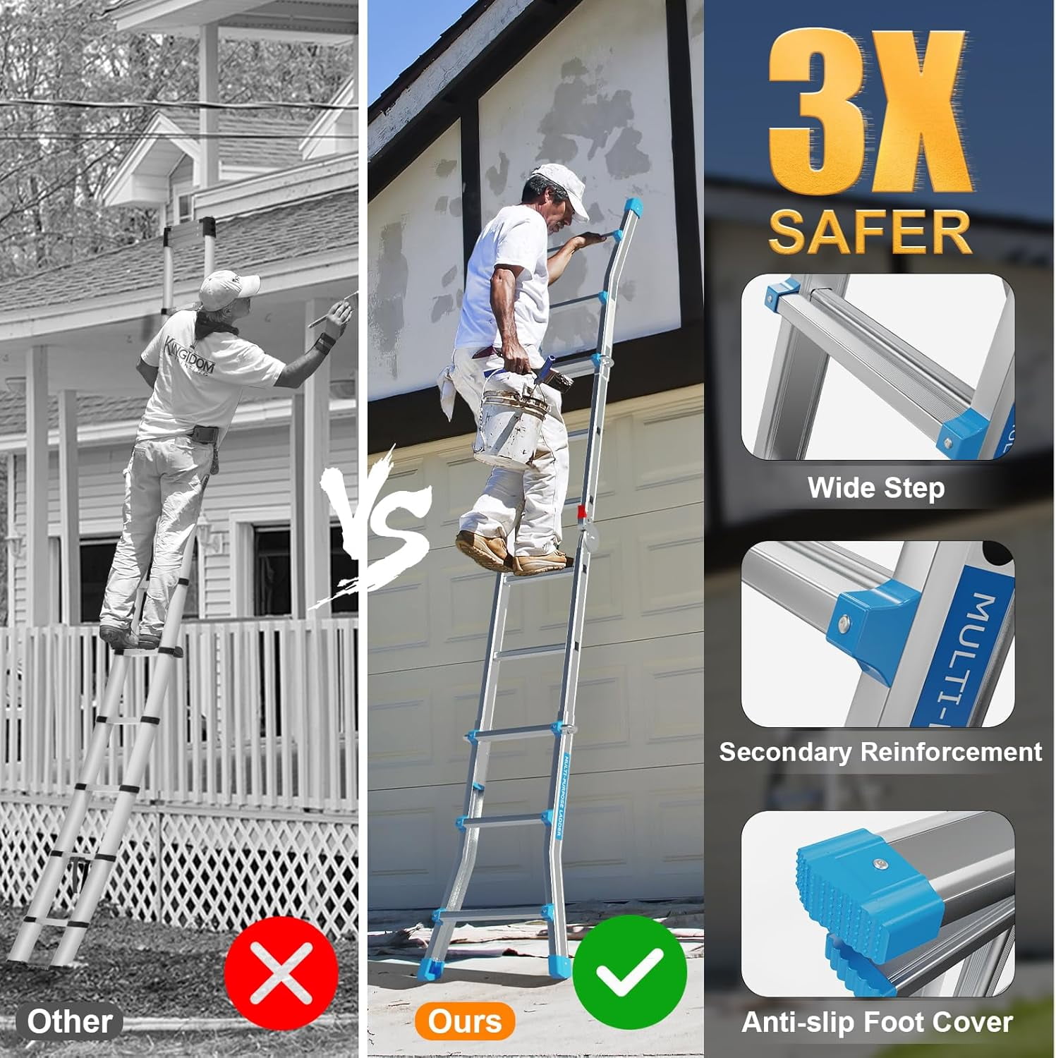 BaytoCare Extension Ladder, 13ft Reach Height A Frame 3 Step Ladder, Muti Position Telescoping Ladder, 330 lbs Capacity, Flared Leg Design
