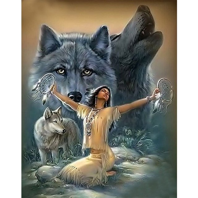 Cuadros Decorativos Mujer lobo completo taladro redondo mosaico DIY pared arte imagen de decoración de diamantes de imitación Ehuebsd Nuevos Originales