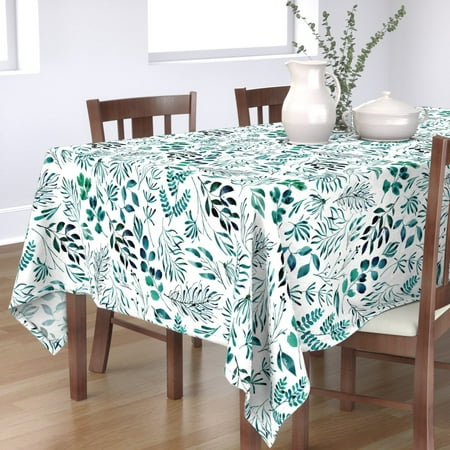 

Cotton Sateen Tablecloth 70 x 120 - Teal Leaves Botanical Nature Ferns White Leaf Pattern Watercolor Forest Fern Emerald Feminine Print Custom Table Linens by Spoonflower