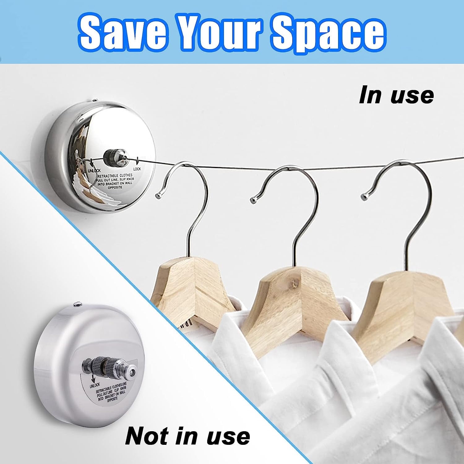 Clothesline,Retractable Clothesline - 304 Stainless Steel Retractable Clothesline Indoor with Adjustable Nylon Rope, Wall Mounted Retractable Laundry Line, Laundry Accessories