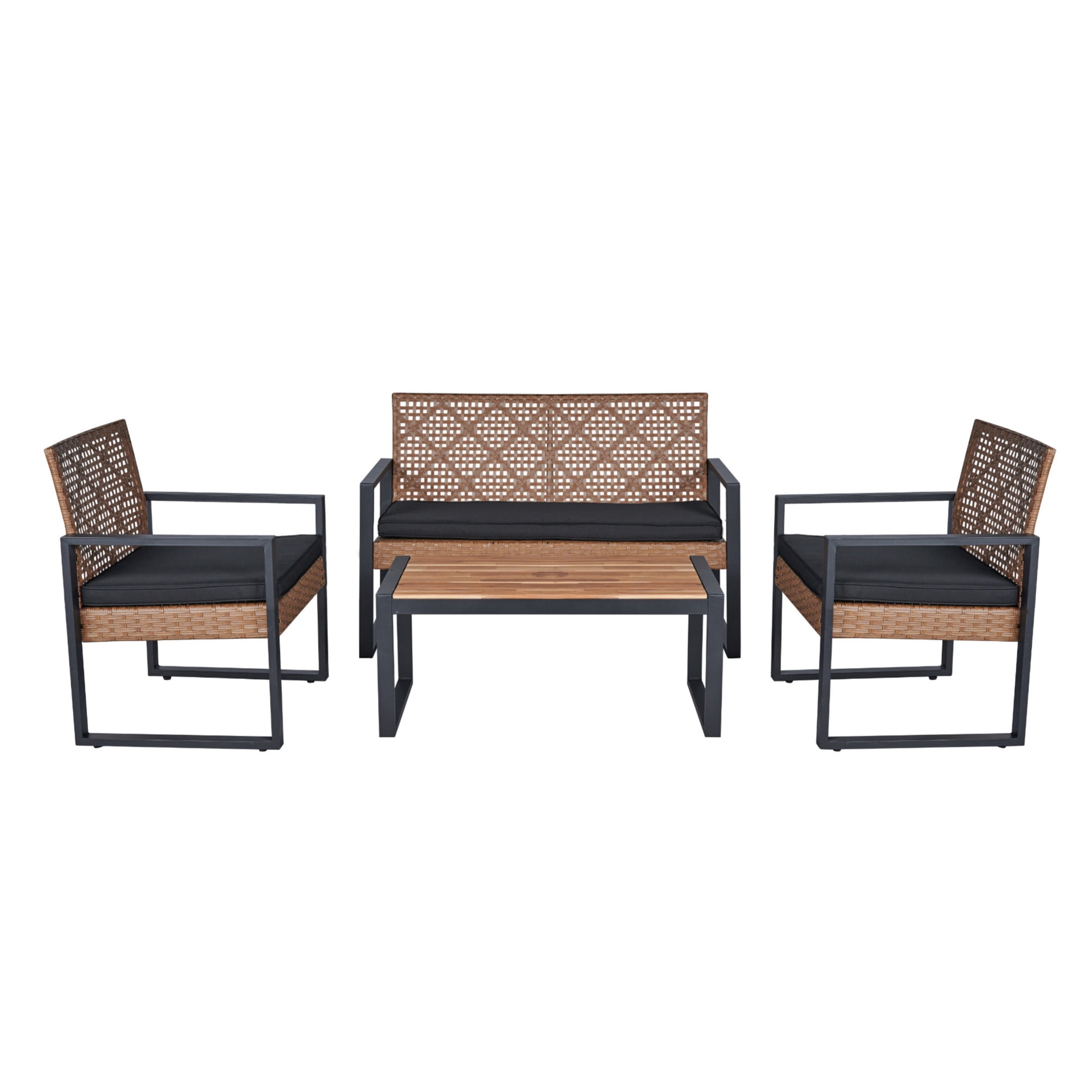 Noble House 4-Piece Patio Furniture Set, Acacia Wood & Rattan Outdoor Conversation Set, Black & Light Brown