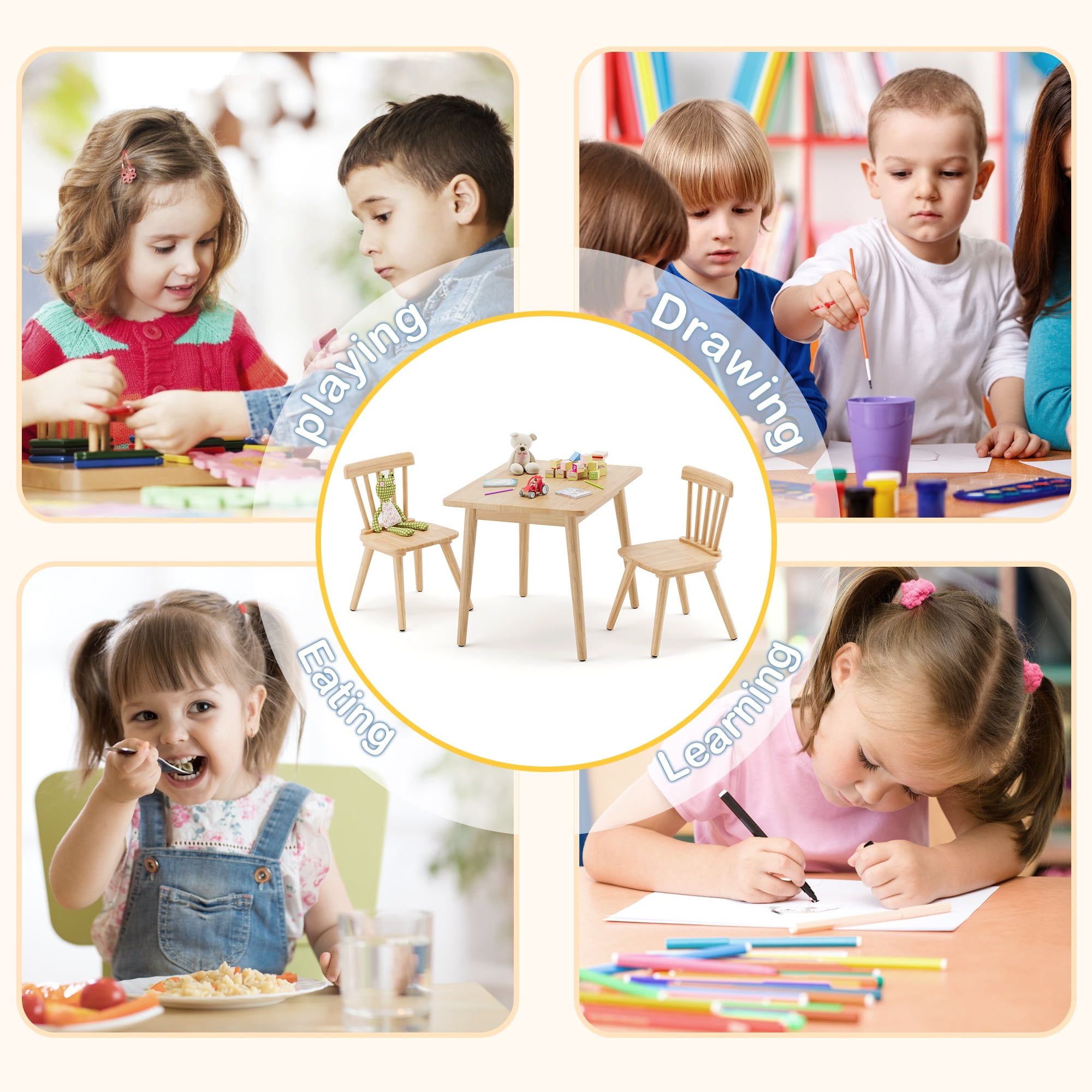 Curipeer Windsor Rubberwood Kids Table and 2 Chairs Set with Non-Slip Legs Round Edge Design for Play, Natural Wood