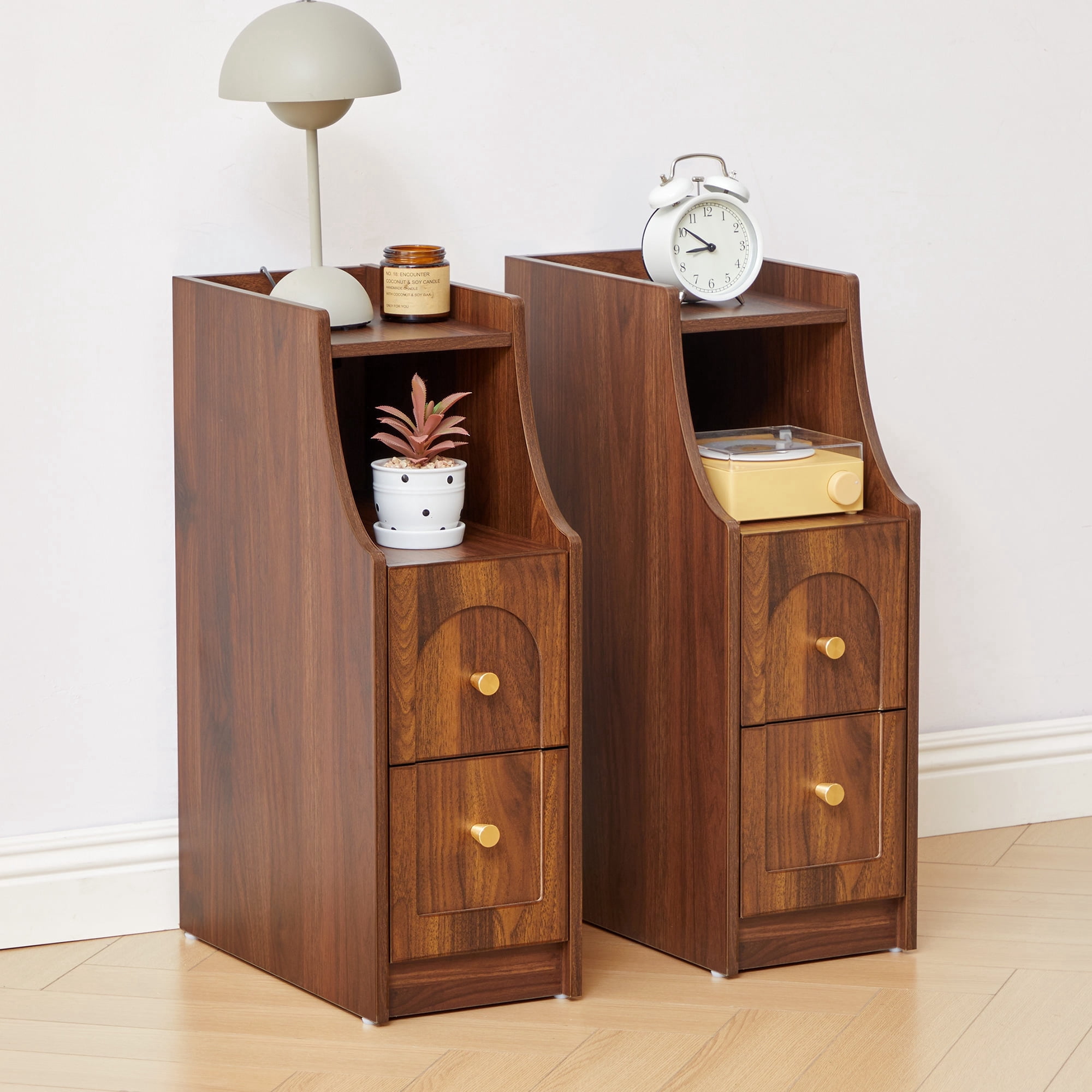 7.87" Ultra Narrow Nightstand Set of 2 with 2 Drawer and Charging Station, Slim End Table Bedside Table for Bedroom with Open Shelf, Walnut