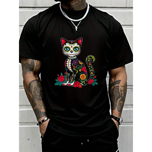 Sugar Skull Cat Dia De Muertos Day Of Dead Halloween Mexican Printed T-Shirt, Short-Sleeved Crew Neck Casual Top, Suitable For All Seasons, Men's Wear