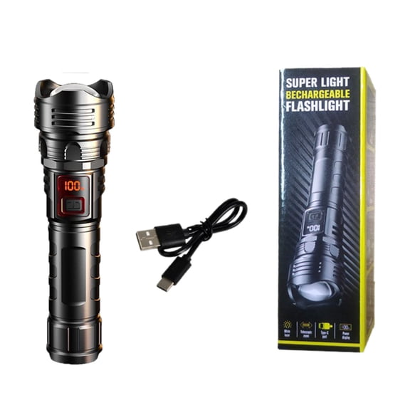 Rechargeable LED Flashlight Super Bright Zoomable Torch with Digital Battery Display Hidden USB Port for Outdoor Camping Emergency Hiking
