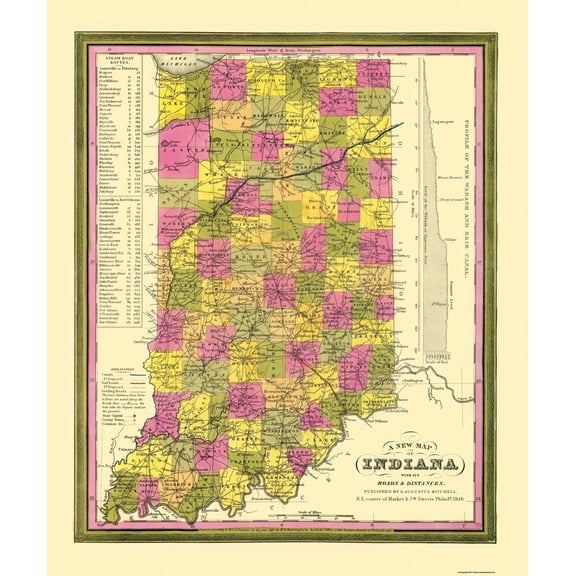 Historic State Map - Indiana - Mitchell 1846 - Vintage Wall Art