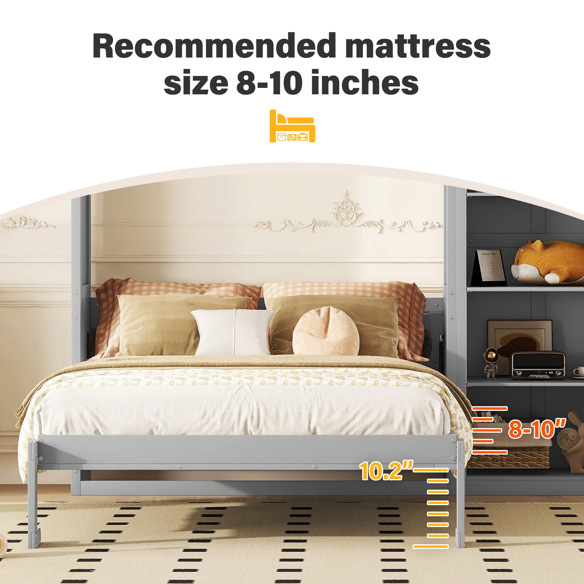 Aukfa Queen Murphy Bed, Wood Cabinet Bed Frame with Adujstable Shelves, Foldable Platform Wall Bed Frame for Guest-Room, Home, Office, Gray