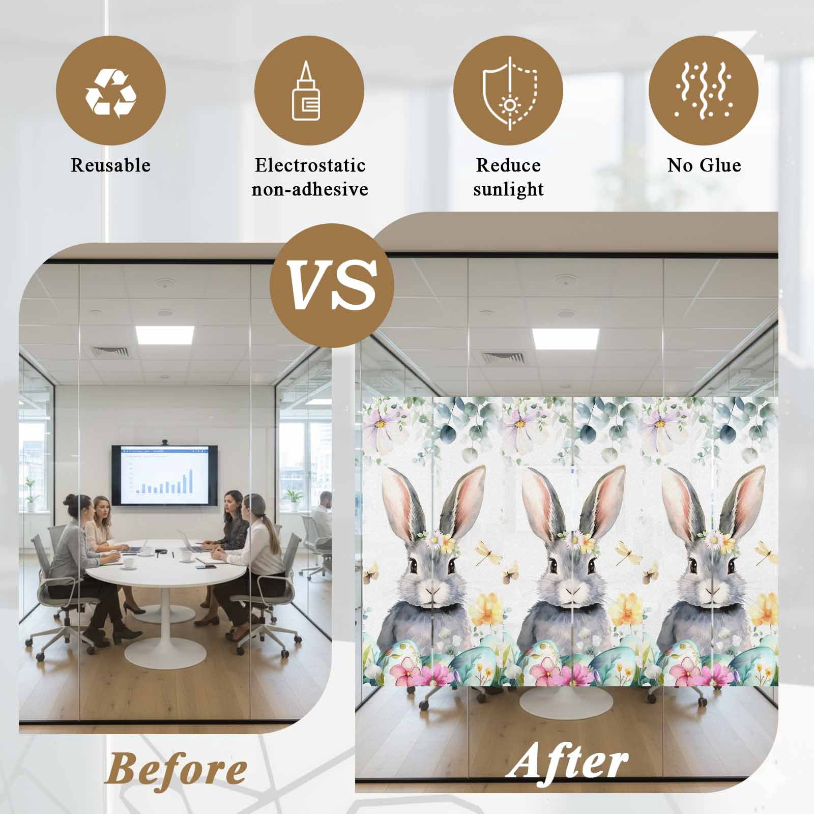 Easter Window Privacy Film, Watercolors Rabbits Flowers Eucalyptus Leaves Plants Frosted Glass Window Clings Static Cling UV Heat Blocking Reusable Door Sticker for Bathroom 23.6 x 59 Inch