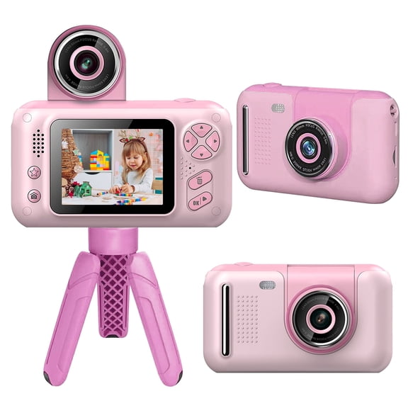 Kids Digital Camera with Flip Lens TeqHome 2.4in Children Video Camera with Tripod 32G MMC Card for 3-10 Year Old Boys Girls Pink