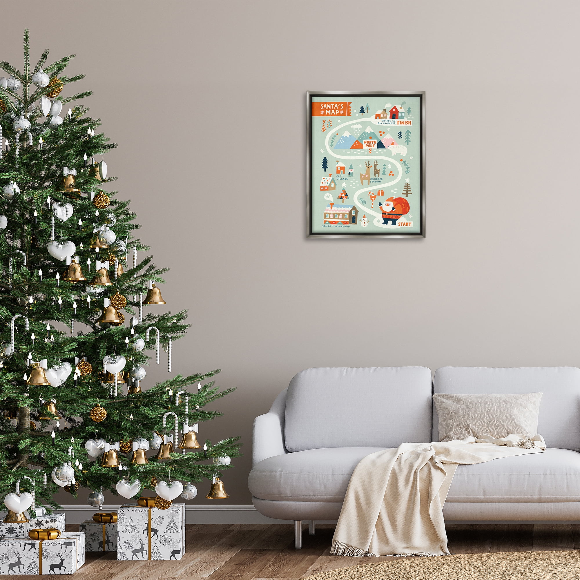 Stupell Industries Jolly Map Of North Pole Holiday Painting Gray Floater Framed Canvas Art Prints Wall Art, 25 x 31