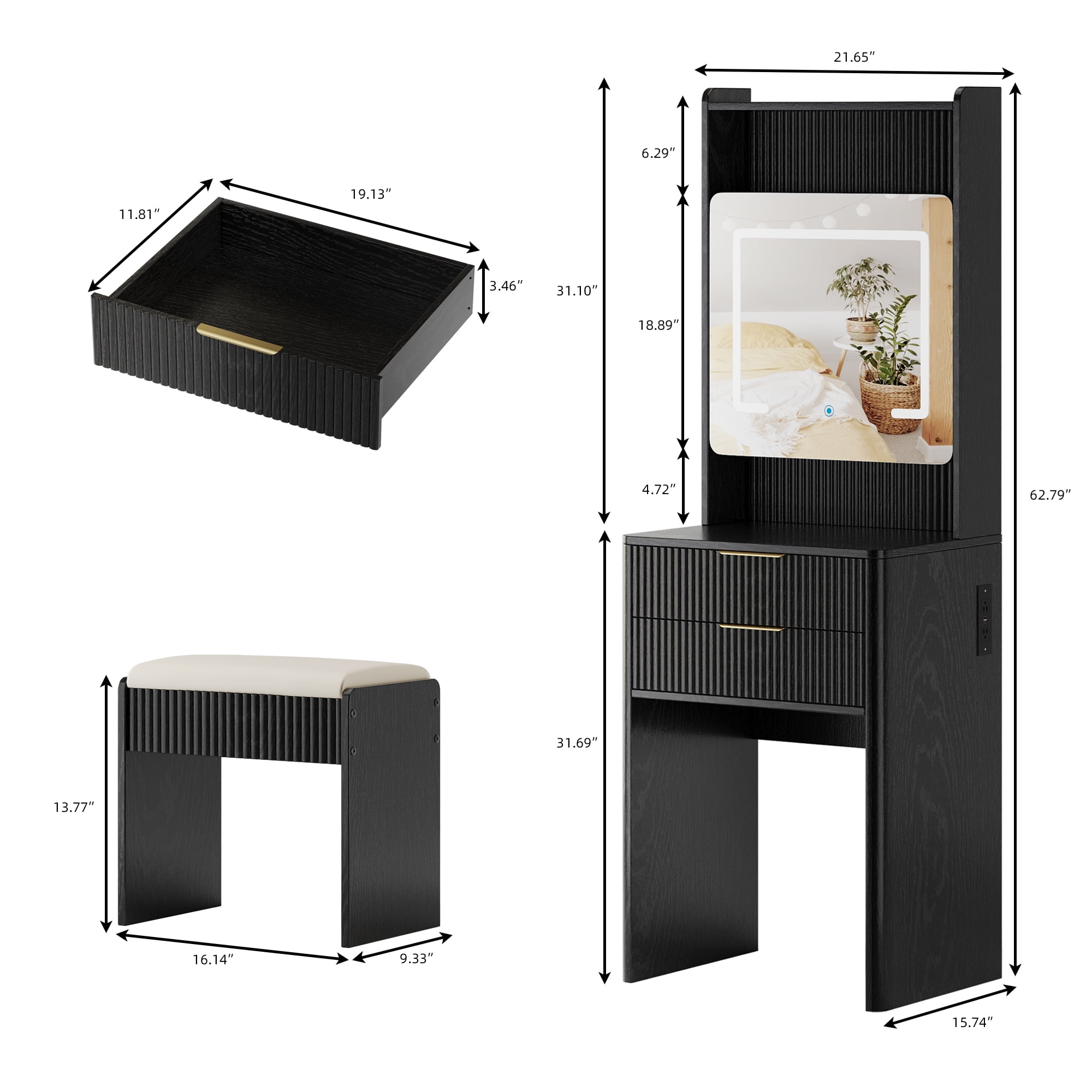 UGTOO 3-in-1 Foldable Vanity Desk with LED Lights & Charging Station, Black Makeup Table with Mirror, 2 Drawers & Stool, Space-Saving Dressing Table for Small Bedrooms (21.65"L)
