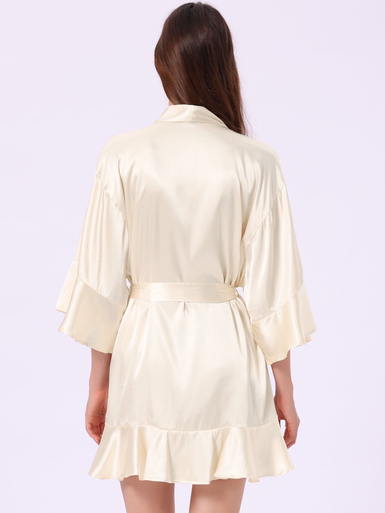 DARING DIVA Women's Satin Silky 3/4 Sleeves Tie Waist Loungewear Robes L Light Champagne