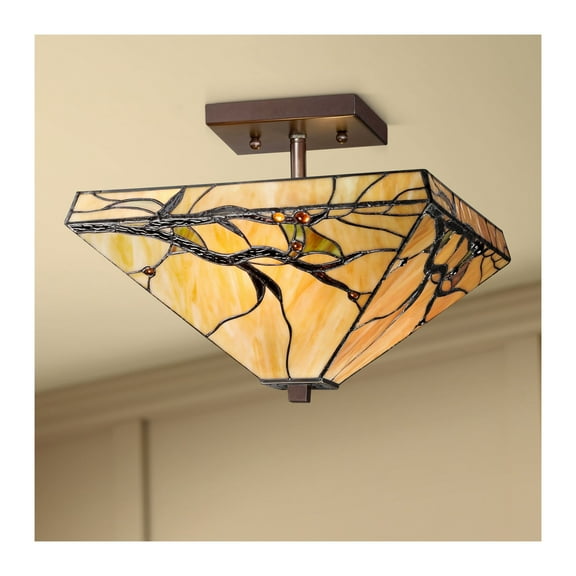 Robert Louis Tiffany Mission Rustic Ceiling Light Semi Flush Mount Fixture 14" Wide Bronze 2-Light Budding Branch Art Glass Shade for Bedroom Kitchen