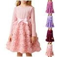 thumbnail image 1 of SBYOJLPB Robe à Col Rond pour Enfants Couleur Unie Robe à Manches Longues Jupe Décontractée et Confortable avec Nœud en Maille pour Filles, 1 of 5