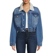 Madden NYC Junior's Cropped Denim Jacket with Faux Sherpa Collar