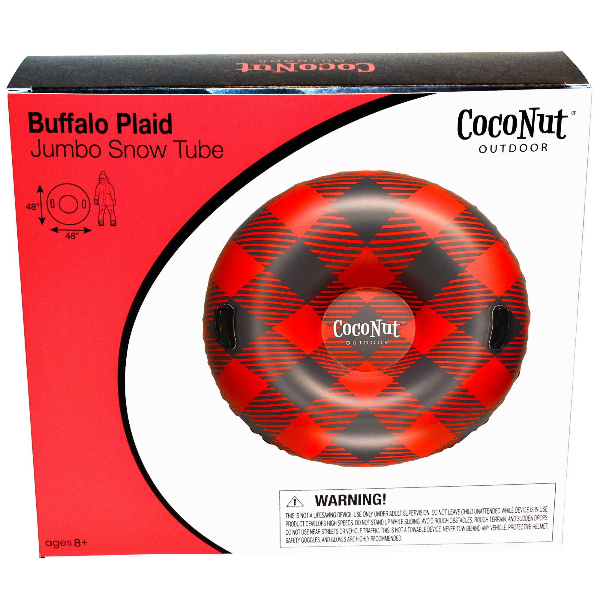 CocoNut Outdoor: Buffalo Plaid - 48" Jumbo Snow Tube - Red & Black Inflatable Ring, Cold Resistant PVC, Winter Sled, 200lb Cap, Kids-Teens-Adults 8+