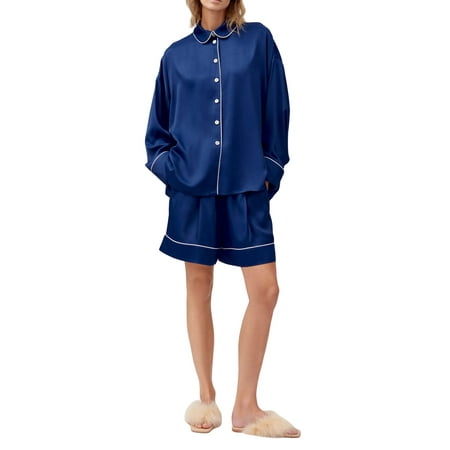 

Women s 2 Piece Lounge Set Elegant Ladies Pajama Set Long Sleeve Button Shirt and Drawstring Shorts Sleepwear Sets