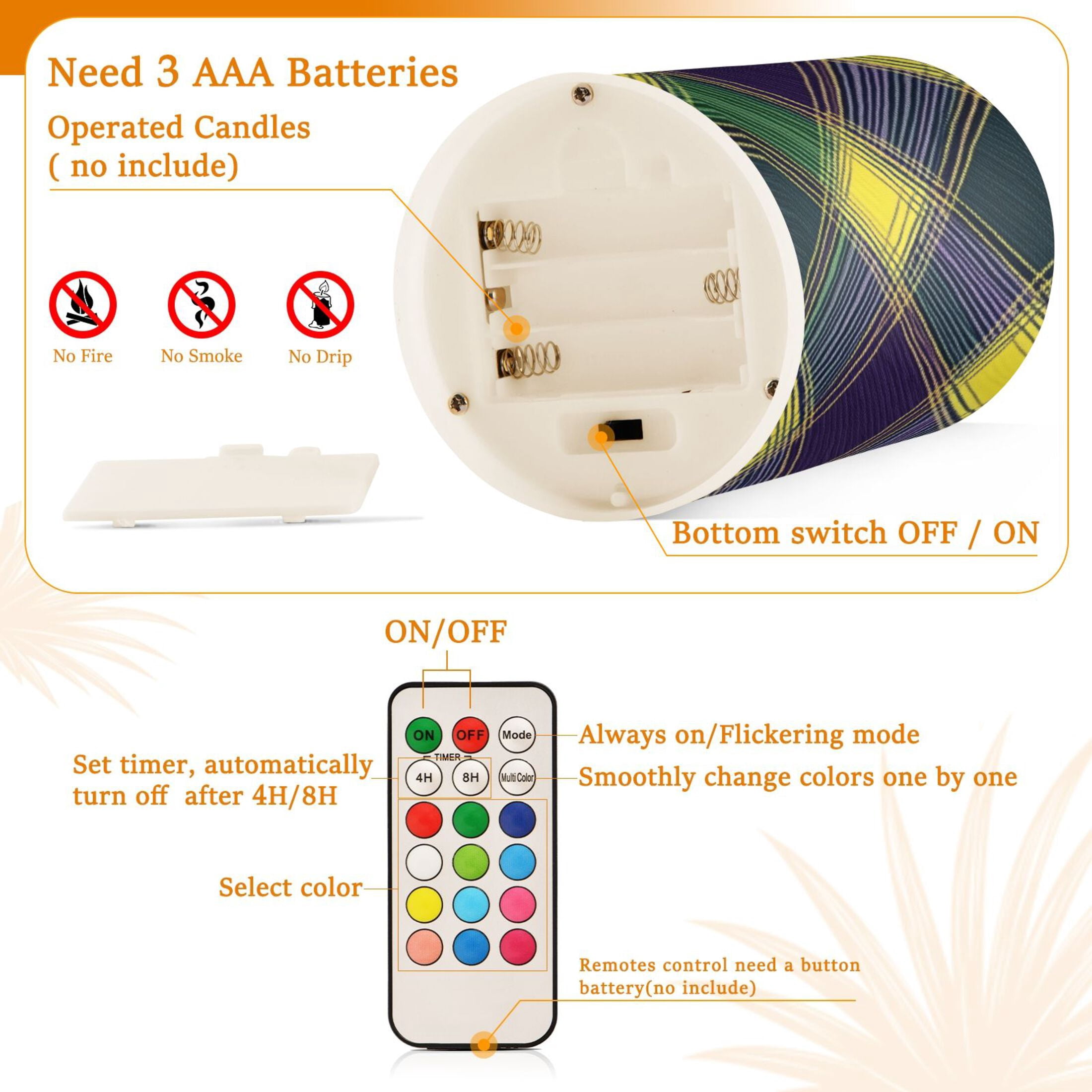 Mardi-gras Color Flickering Flameless Candles LED Tealight Battery Operated with Remote Set of 2 Holiday Decor Ornaments