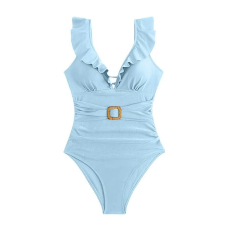 Xiangyun Tummy Control Swimsuits for Women Swim Suits for Women 2025 One Piece Swimsuit Women Womens Holidays Summer V Neck Solid Casual Swimsuit Bikini One Piece Thong Swimsuit Women Sky Blue M