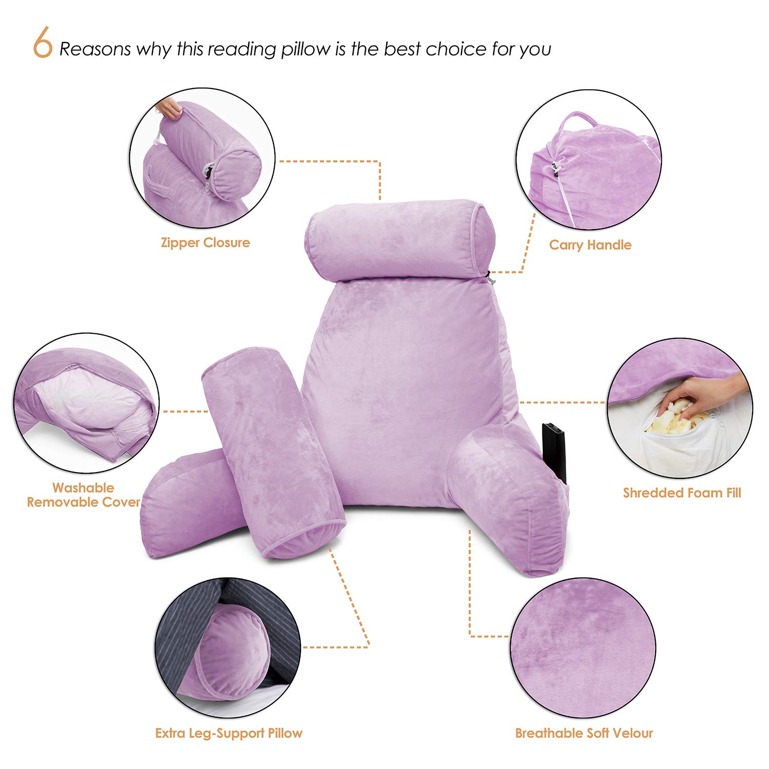 Clara Clark Bed Rest Reading Pillow with Arms and Pockets - Premium Shredded Memory Foam TV Pillow, Detachable Neck Roll & Lumbar Support Pillow, Large, Light Purple - image 2 of 7