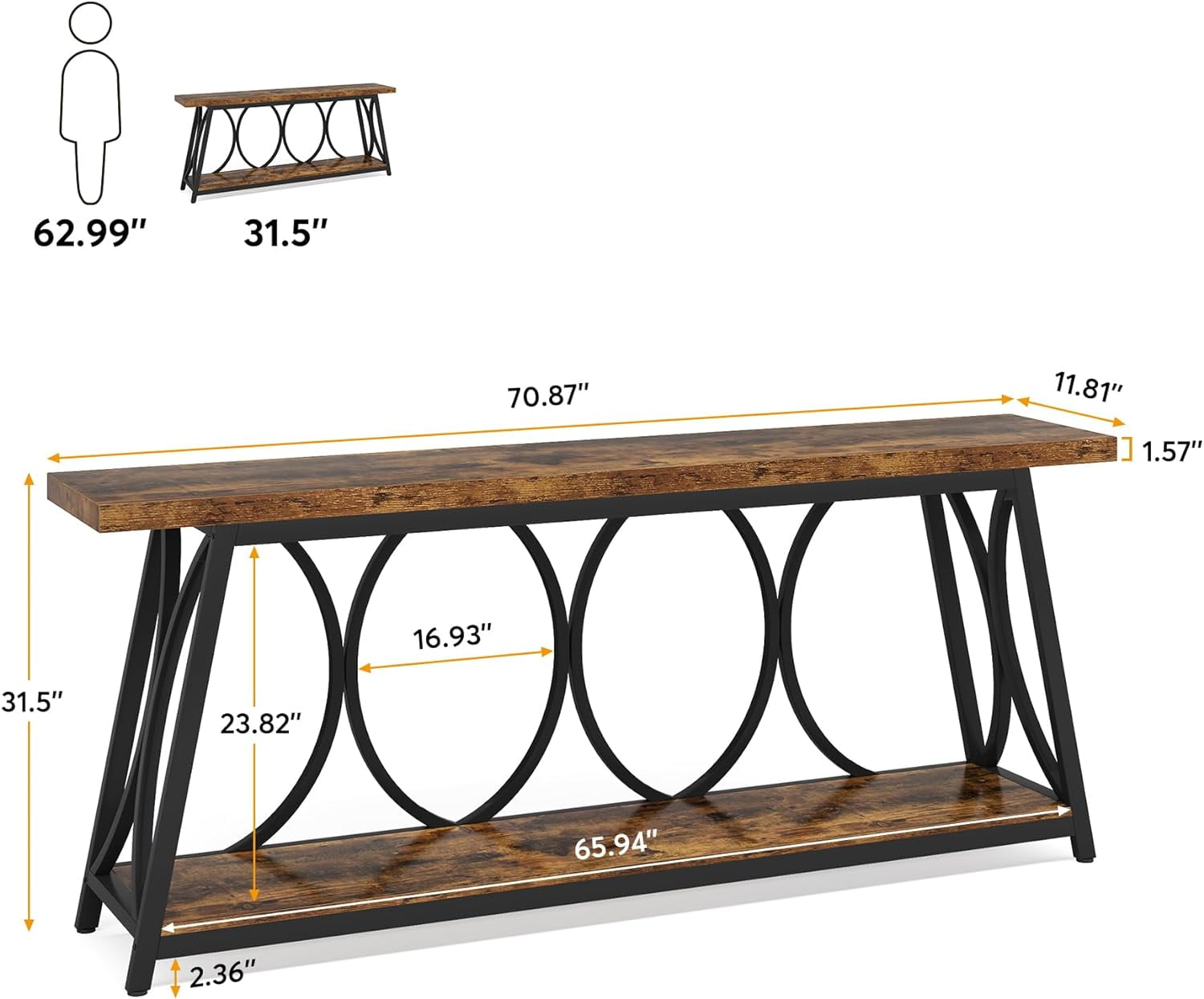 Tribesigns 70.9" Extra Long Console Table, Industrial Wood Narrow Sofa Table for Entryway, Brown