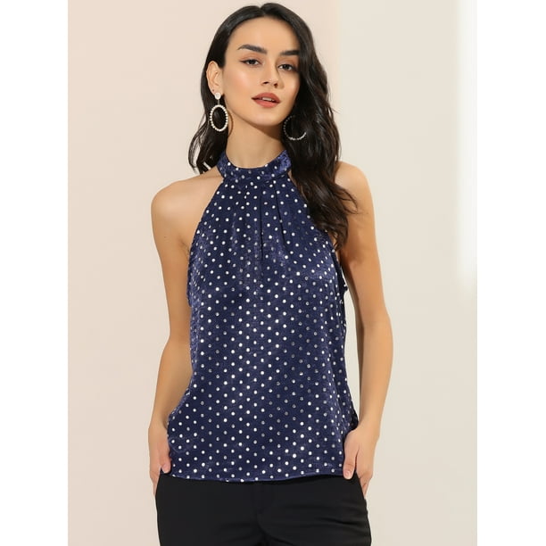Blusa Sin Mangas De Saten Elegante Con Cuello Halter Y Lunares Para Mujer Azul L Allegra K Blusa Walmart en linea