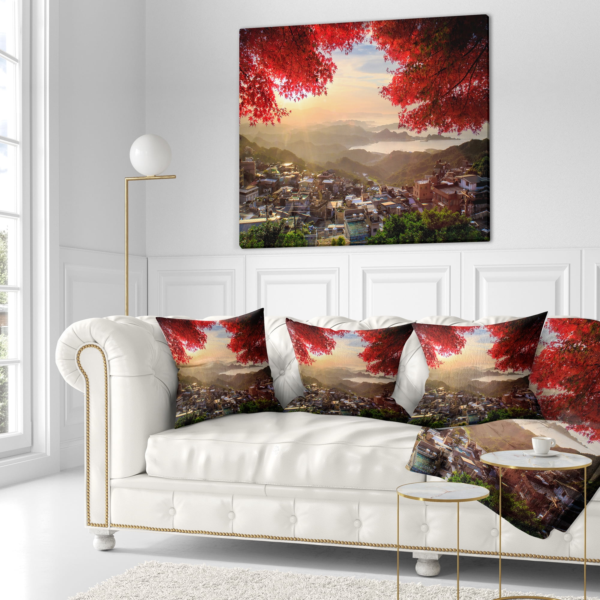 Designart Taiwan Township with Red Trees - Landscape Printed Throw Pillow - 18x18