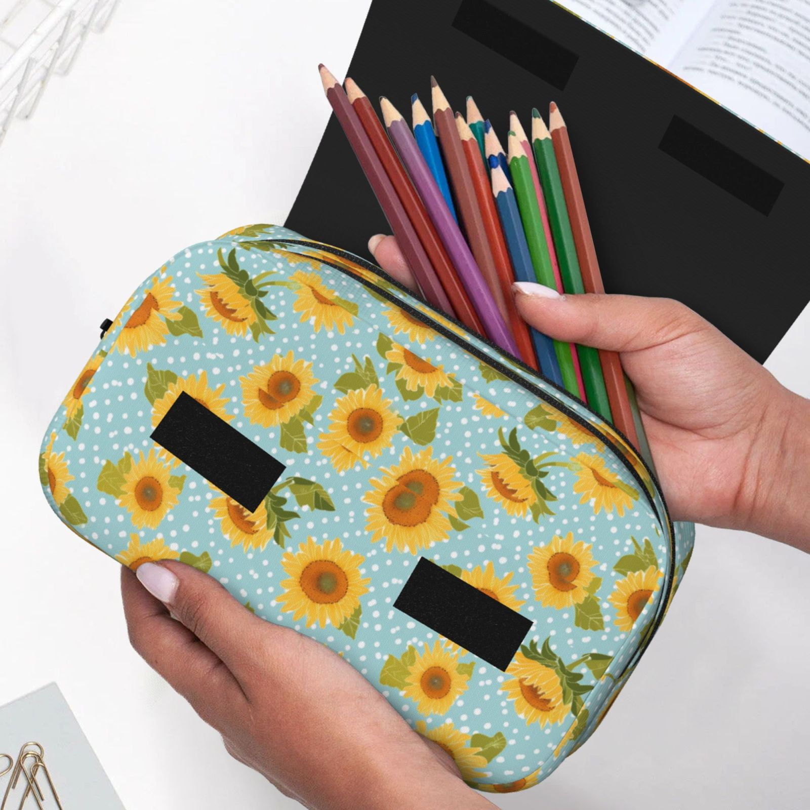 Rateoe White Polka Dot Sunflower A Pattern Double Clamshell Pen Case, Storage Organizer with Two Zipper Compartments– Holds Up to 50 Pencils & Pens