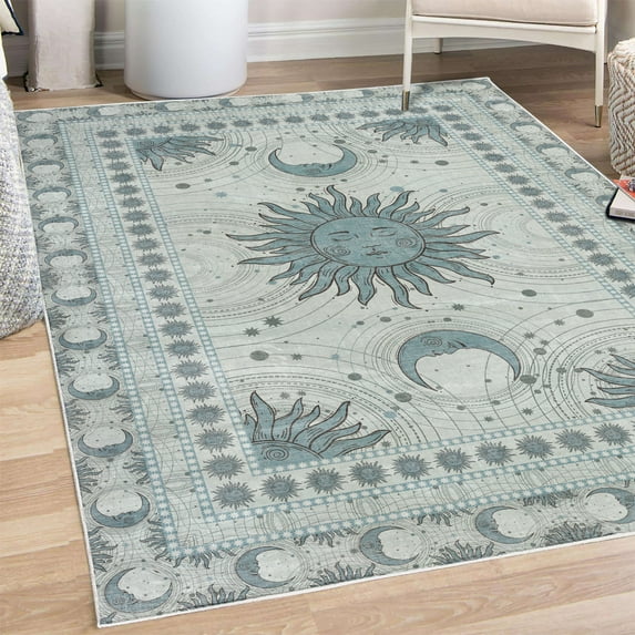 Sun and Moon Decorative Rug, Bohemian Occult Design of Crescent Solar Ornament Esoteric Stars, Quality Carpet for Bedroom Dorm and Living Room, 6 Sizes, Dark Sea, by Ambesonne