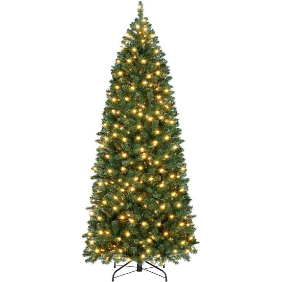 RONG-3 Pre-lit Kingswood Fir Pencil Artificial Hinged Christmas Tree Skinny Corner Xmas Tree with  Incandescent Warm White Lights Prelighted Xmas Tree with Foldable Stand,Green.