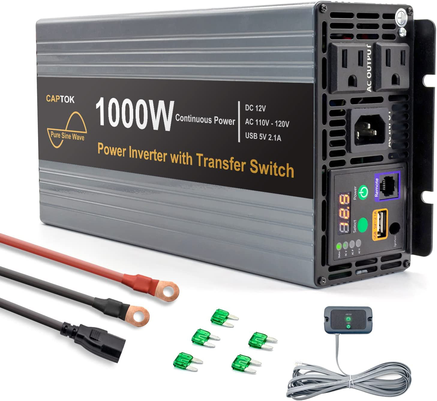 CAPTOK Pure Sine Wave Power Inverter 1000W with Automatic Transfer Switch DC 12V to AC 110V 120V Dual AC Outlets LED Display 2.1A USB Remote Control Solar Inverter 