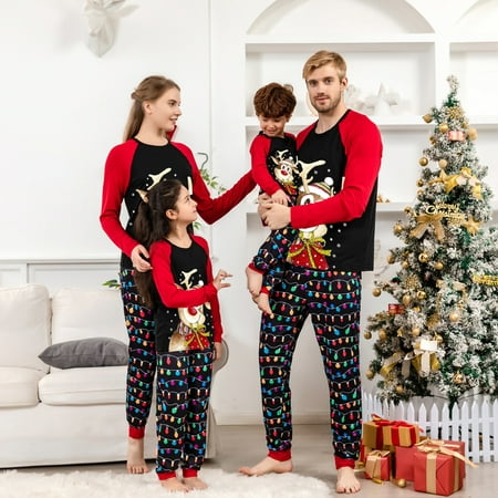 

Christmas Pajamas for Family Long Sleeve Deer Print Raglan Tops + String Lights Pants Set