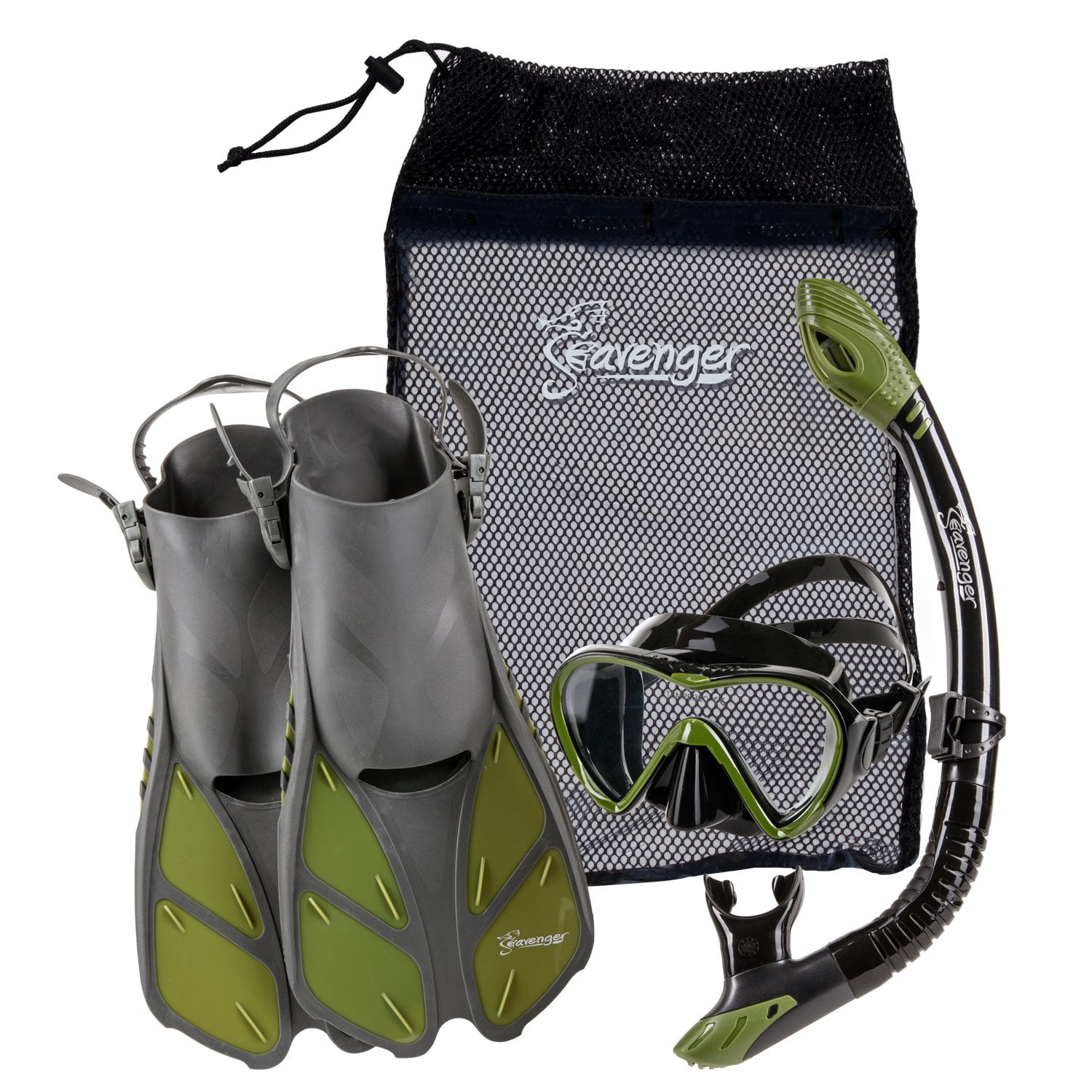 Seavenger Aviator Diving Kit/Snorkeling Set | Kids and Adults (Black Silicone/Green, L/XL)