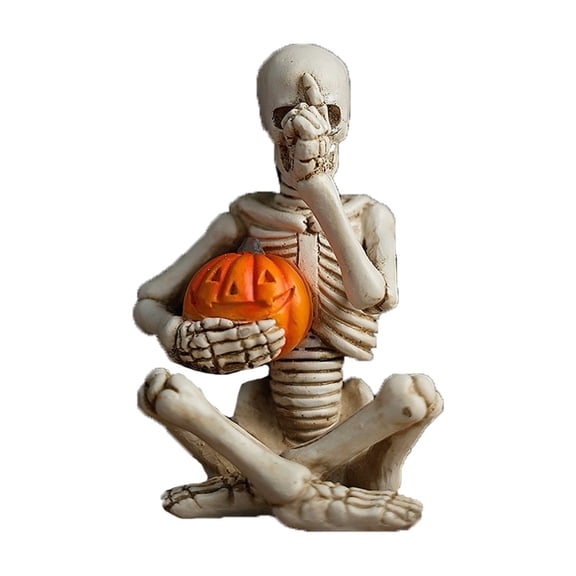 Halloween Pumpkin Skull Holding Resin Decor, Skeleton Figurine Embracing Pumpkin for Tabletop Entryway Escape Room Mystery Game Party Scene Setting Home Accent Prop