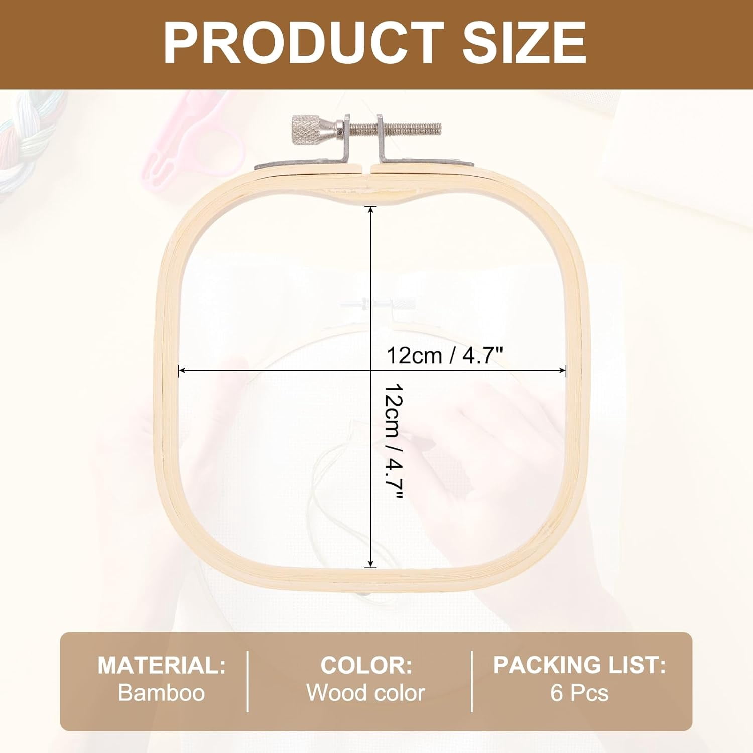 ABPETE Square Embroidery Hoops, Adjustable Bamboo Cross Stitch Hoops Ring Embroidery Frame Punch Needle Hoop for Sewing, Needlework, DIY( 6 Pieces 4.7" x 4.7" )
